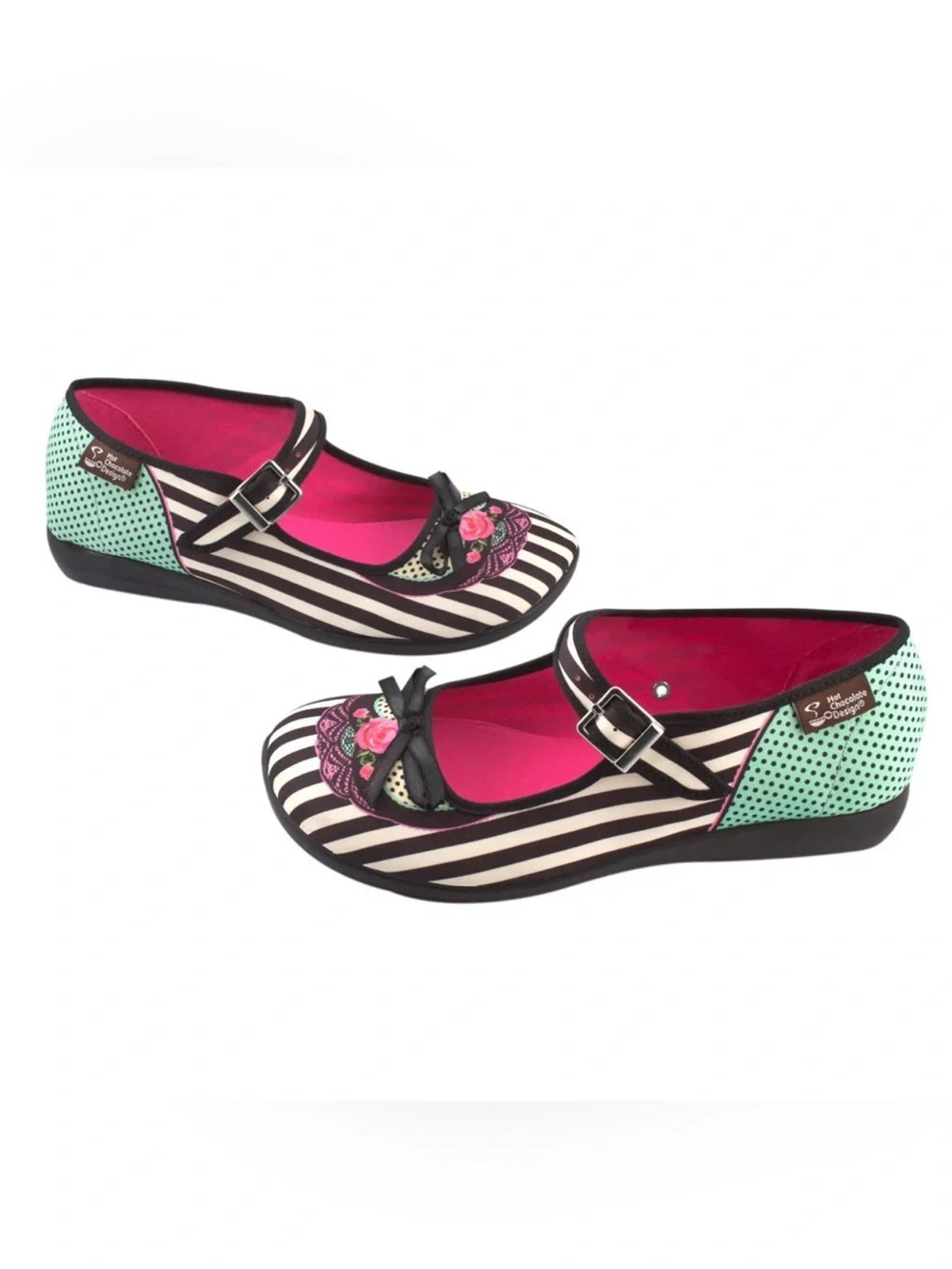 HOT chocolate design Striped Mary Jane Flats with Pink Floral Accent  size 7